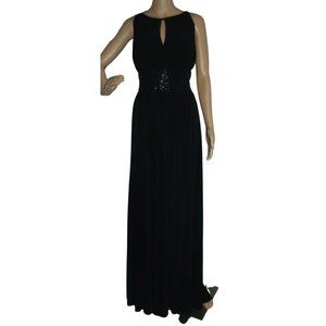 R & M Richards 16 Black Sleeveless Keyhole Beaded Waist Jersey Dress long maxi